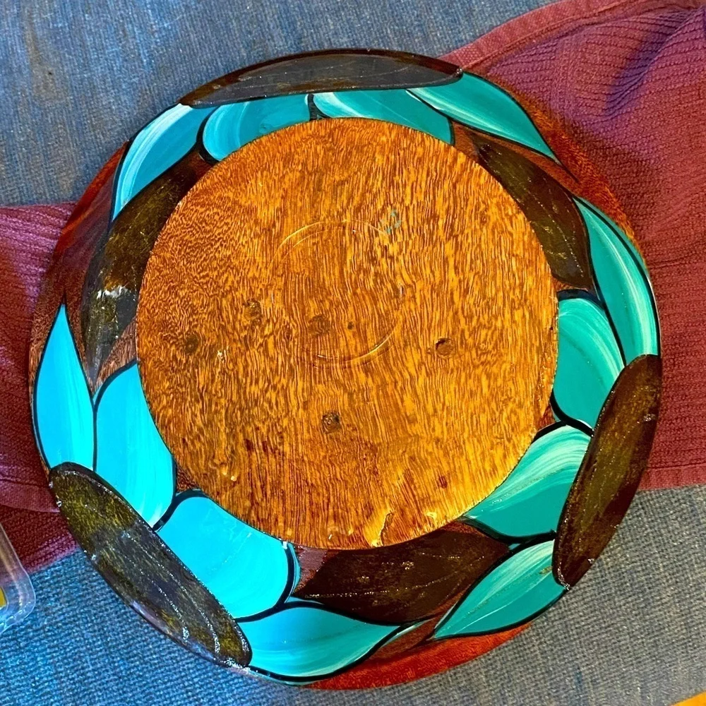 Bowl wooden hand painted clear glaze floral  OSK